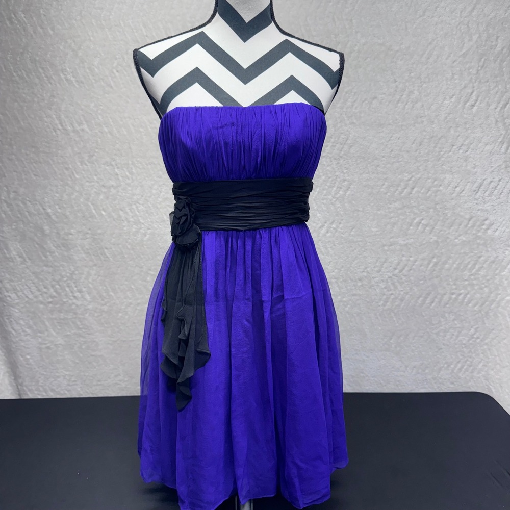 Decode 1.8 Royal Purple 100% Silk Strapless Cocktail Dress Black Floral Sash 8
